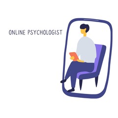 Online psychotherapy practice. Remote psychological help, psychiatrist consulting patient. Mental health care and treatment. Hand drawn vector illustration