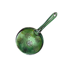 Watercolor illustration.old vintage enamel a colander in green. metal retro tableware.Isolated on a white background.