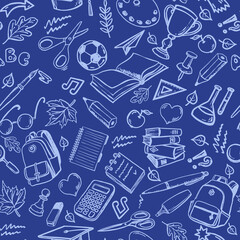 Seamless pattern with hand drawn school supplies. Back to school background. Can be used for banners, web, advertisements, signs.