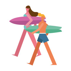 young couple wearing swimsuits walking with surfboards characters