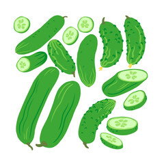 Hand drawn set of vegetables. Colorful cartoon cucumbers.