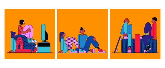 Fototapeta premium Set of boys and girls teenagers modern flat vector illustration set. friends watch TV, go skateboarding, have a picnic. Youth lifestyle.