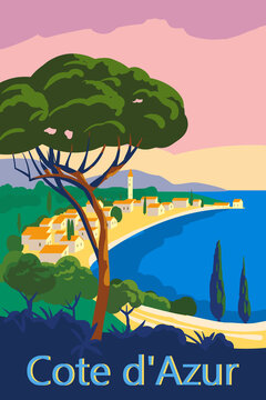 Cote d Azur of France Travel poster retro old city Mediterranean sea vacation Europe