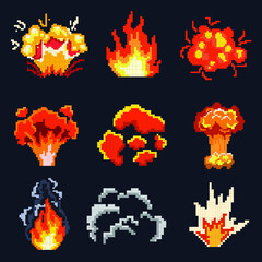 Explosions set vector illustration in pixel art