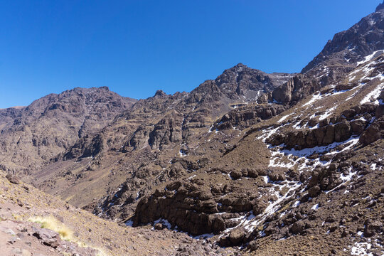 High Atlas Mountains in Morocco.  Road to Toubkal in Toubkal National Park