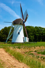 Dutch beautiful windmill on green meadow and tall trees photographed from the side. Netherlands,...