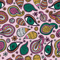 Hippy Indian paisley and eye vector repeat pattern design. Great for home decor, wrapping, scrapbooking, wallpaper, gift, kids, apparel. 