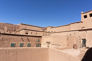 Exterior of the mud brick Kasbah of Taourirt, Ouarzazate, Morocco. Unesco World Heritage Site