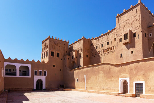 Exterior of the mud brick Kasbah of Taourirt, Ouarzazate, Morocco. Unesco World Heritage Site