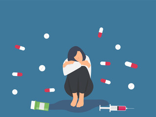 Depresed people with drugs. woman in depression, pills addiction concept vector illustration