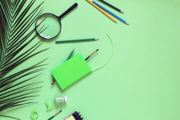 Back to school, stationery, leaves on colorful bright background, top view, flat lay, copy space
