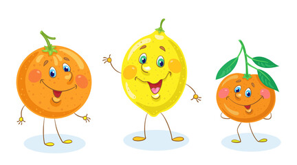 Citrus. Funny orange, yellow lemon and tangerine. In a cartoon style. Isolated on white background. Vector flat illustration.