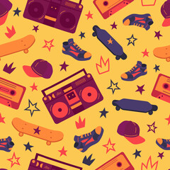Tape recorder or boombox, skateboard, longboard, sneaker, cap, cassette, stars and crowns flat vector seamless pattern. Texture with hip hop and skateboarding attributes. Textile, wrapping paper print