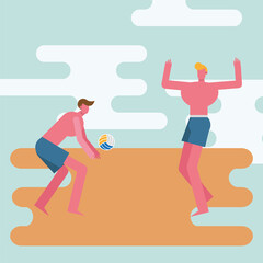 young men wearing swimsuit playing volleyball characters