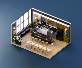 Isometric view restaurant open inside interior architecture, 3d rendering.