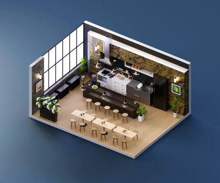 Isometric view restaurant open inside interior architecture, 3d rendering.
