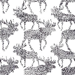 Seamless pattern with moose vintage style. An adult elk with large antlers. Plant leaves. Seamless pattern with dots. A simple drawing. Drawing by hand. Black and white. monochrome pattern.