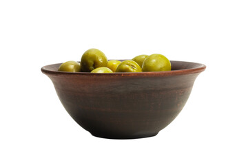 Olives in ceramic brown bowl isolated on white