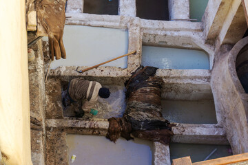 The very hard work of men in tanneries of Fes, where raw leather are dye with natural colors.