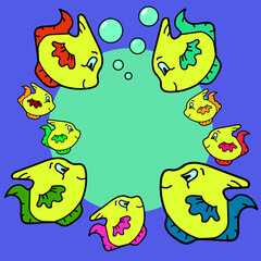 Children's greeting card with a happy blue colored fishs and bubbles on a purple background. There is space for text, all items are isolated. Lovely cartoon fishs.