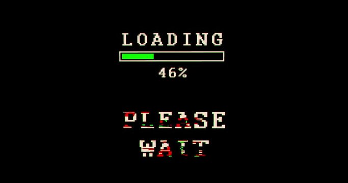 Loading and please wait with download progress bar. Retro tv pixel style animation. Abstract concept with noise and glitch effect.
