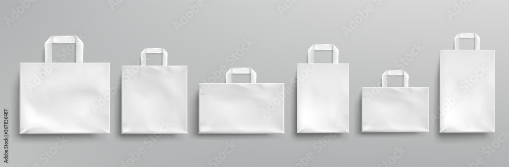Poster white paper eco bags different shapes. vector realistic mockup of blank packets with handles isolate