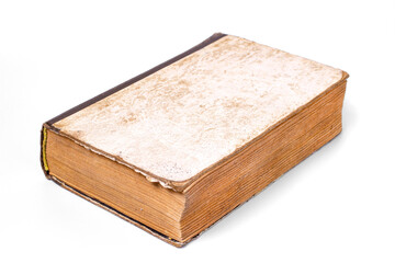 an old time worn book with scuff marks isolated on a white background
