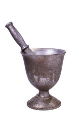 Antique mortar with pestle for grinding or crushing isolated on a white background