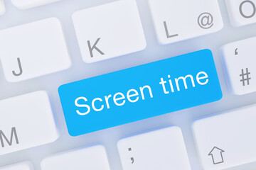 Screen time. Computer keyboard from above showing key with word highlighted blue. Software, internet, program