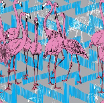 Bright seamless pattern with flamingo. Ethnic patterns. Freehand drawing, summer background.
