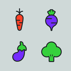 vector icon set of vegetables, carrots, broccoli, eggplant and turnip