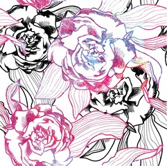 Seamless pattern with peonies and roses. Stylish background. Texture watercolor paint.