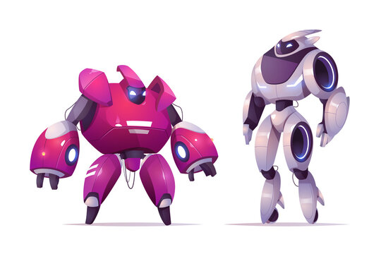 Robot transformers, robotics and artificial intelligence technologies cyborgs, military combat exoskeleton characters, battle alien cybernetic warriors on white background. Cartoon vector illustration