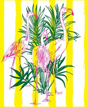 Stylish flamingo print. Beach towel, postcard. Flamingo, palm trees. Tropical background.