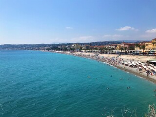 Fototapeta na wymiar Panoramic view of sea, coast and beaches in Nice, Cote d'Azur, France