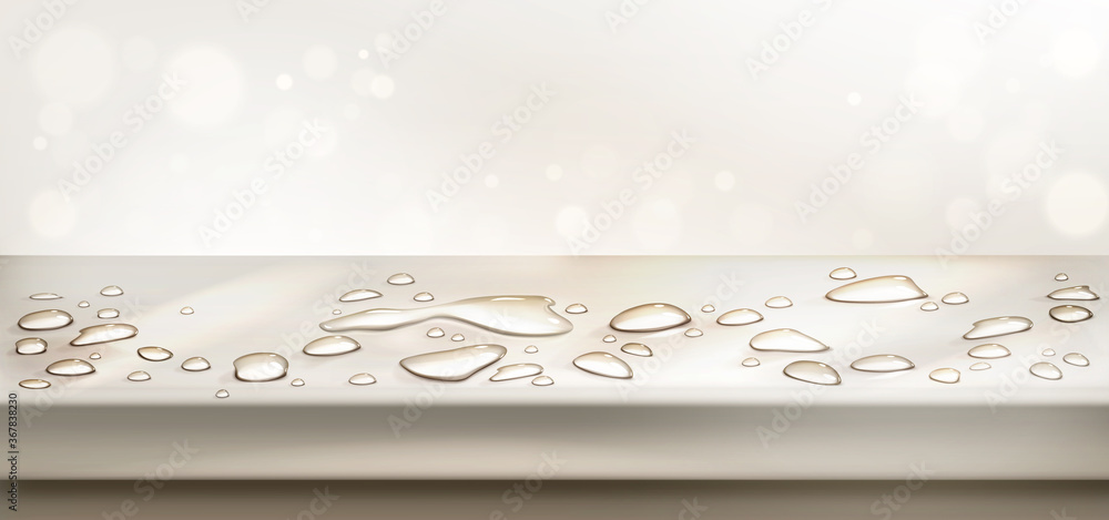 Poster water spills on table top perspective view. vector realistic background with liquid puddles, water d