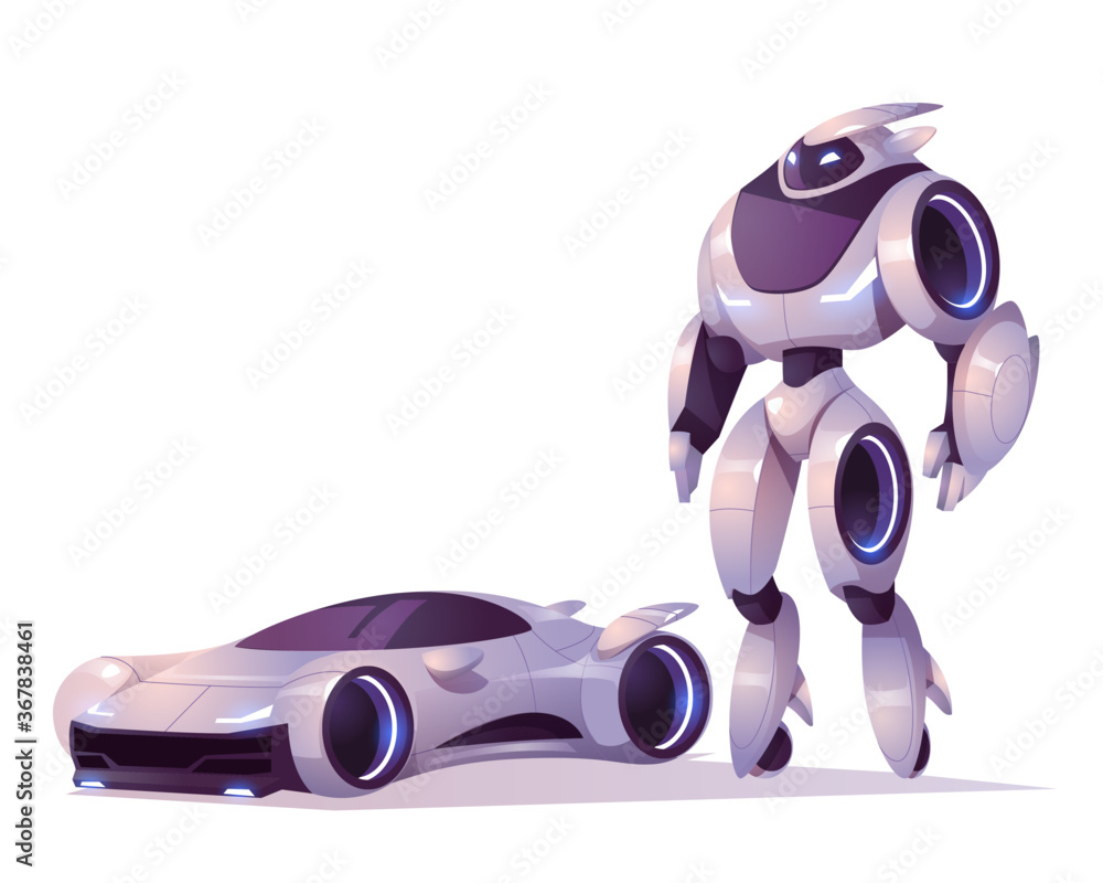 Poster robot transformer in form of android and car isolated on white background. vector cartoon illustrati