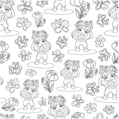 seamless pattern girl in a wreath of butterflies flowers cute graphics vector illustration print wallpaper for kids on a white background isolate outline doodle sketch