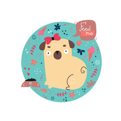 Vector illustration of little cartoon pug on white background. Hand drawn doodle of cute doggy with different elements. Good for childish designs.