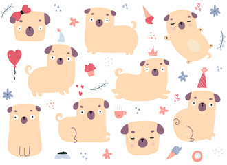 Drawn by hand vector set of cartoon pugs on white background. Vector illustration of different doodle colorful elements and doggies. Childish design.