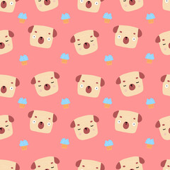 Colorful vector pattern of cute pugs with cakes on pink background. Perfect for childish decorating of covers, clothes, walls, pijamas.