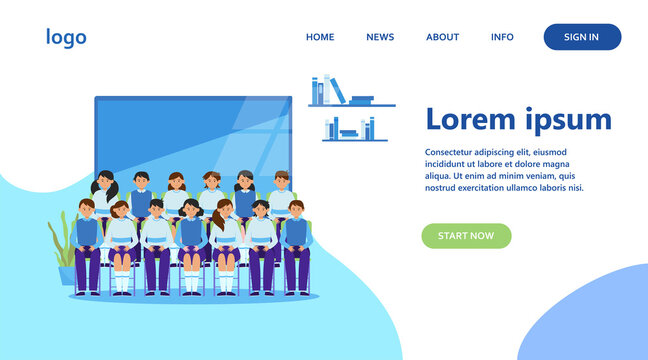 School students posing for class photo in classroom. Teen boys and girls in uniforms sitting in rows near blackboard. Vector illustration for memory, classmates, education concept