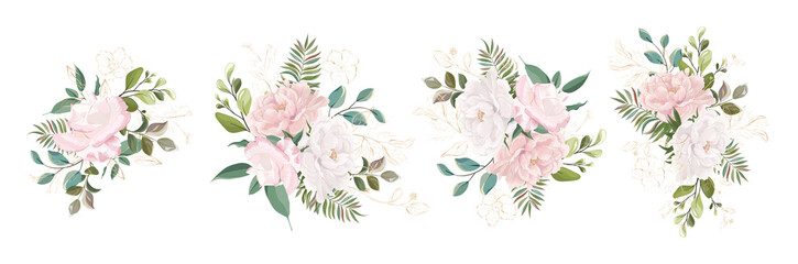 Fototapeta premium Set bouquets with leaves and flowers, watercolor, isolated on white. Vector Watercolor.