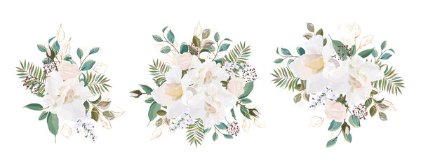 Obraz na płótnie Canvas Set bouquets with leaves and flowers, watercolor, isolated on white. Vector Watercolor.