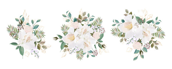 Set bouquets with leaves and flowers, watercolor, isolated on white. Vector Watercolor.