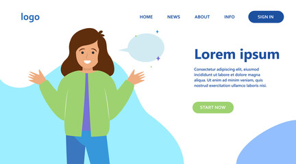 Smiling girl and empty speech bubble. Hand, speaking, conversation flat vector illustration. Communication and message concept for banner, website design or landing web page