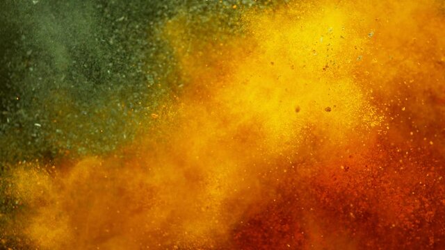 Super slow motion of flying spices mix with ramp speed motion. Filmed on high speed cinema camera, 1000 fps