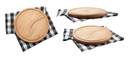 Empty pizza board and red napkin isolated.