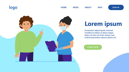 Patient visiting doctor office. Man consulting his physician wearing face mask flat vector illustration. Medical examination, healthcare concept for banner, website design or landing web page