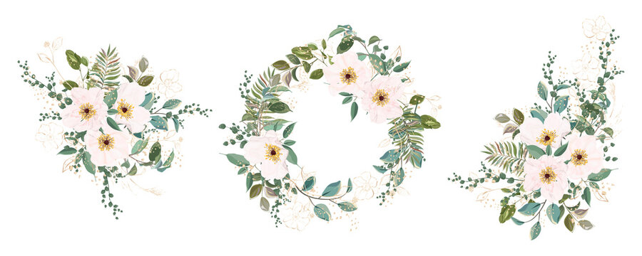 Set bouquets with leaves and flowers, watercolor, isolated on white. Vector Watercolor.
